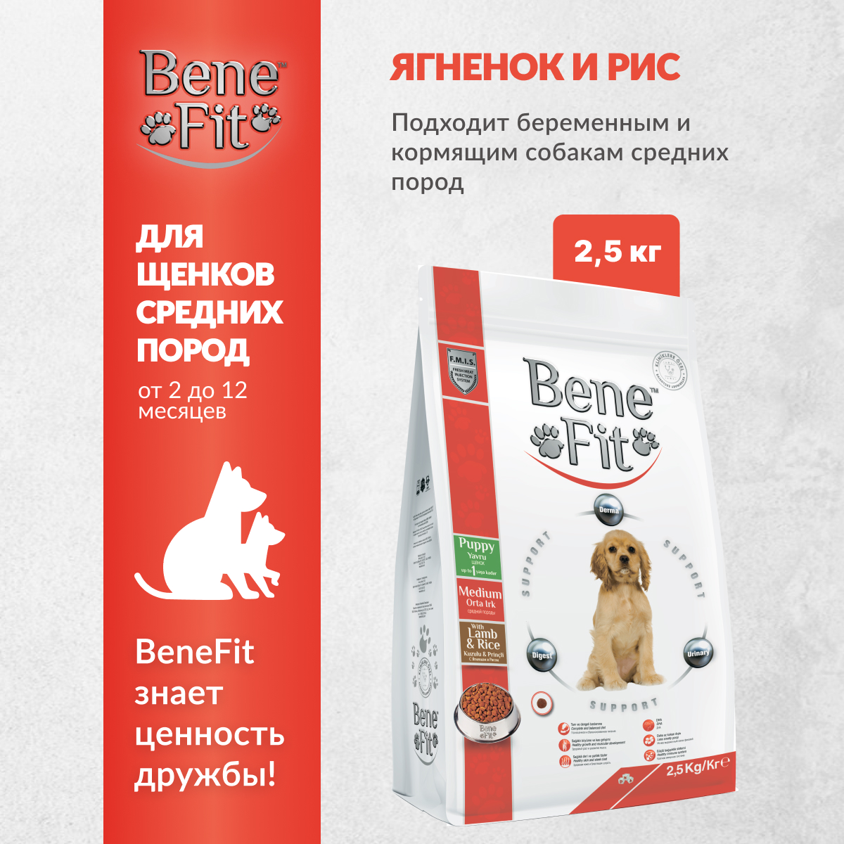 Сухой корм для щенков Benefit Medium Puppy, для средних пород, ягненок, рис, 2,5 кг