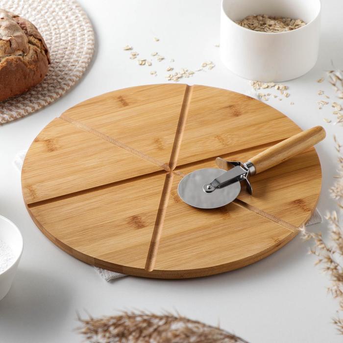 

Доска для подачи пиццы, d=32 см, в комплекте с ножом, бамбук, нержавеющая сталь