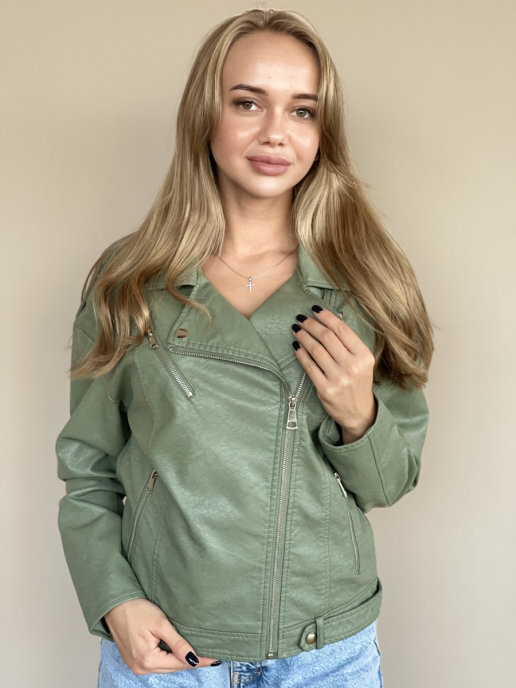фото Кожаная куртка женская e-lisman&zg 2028 зеленая 44 ru