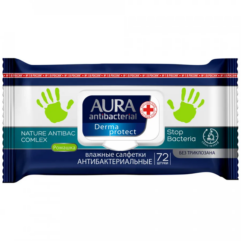 Влажные салфетки антибактериальные AURA Derma Protect РОМАШКА big-pack с крышкой 72шт