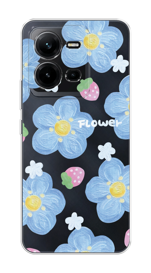 

Чехол на Vivo V25/V25e "Цветы и клубники", Прозрачный;голубой;белый, 267650-1