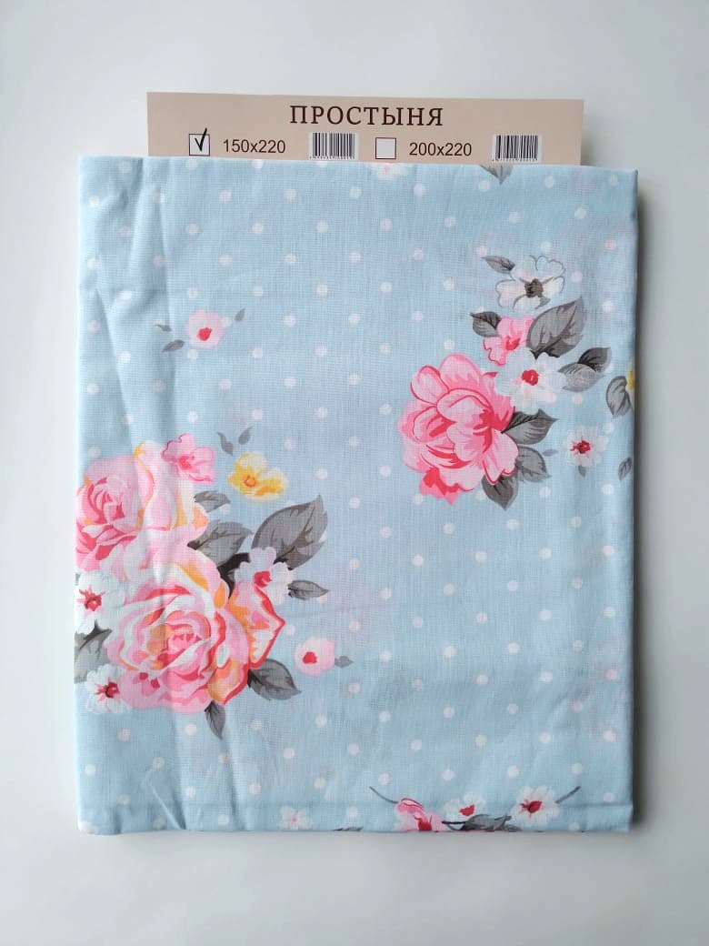 Простыня поплин Униратов Текс небесно голубая с розами, размер 150х220см, хлопок 100%