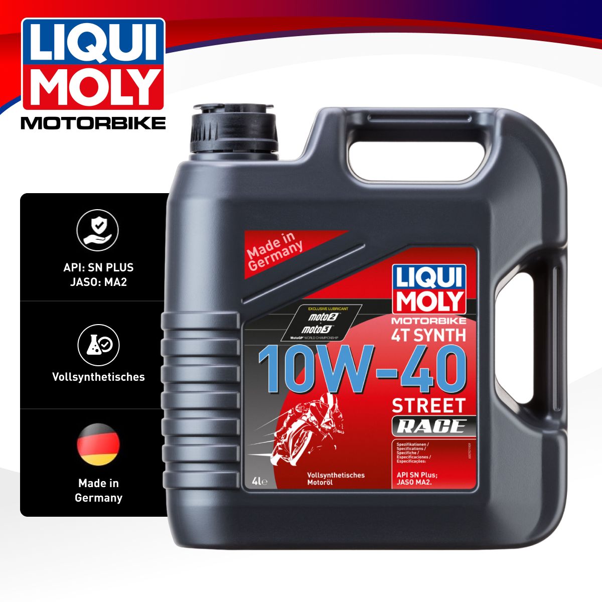 

LIQUI MOLY Синт. мот.масло д/4-т.мотоц. Motorbike 4T Synth Street Race 10W-40 SN MA2 (4л), Motorbike 4T Synth Street Race