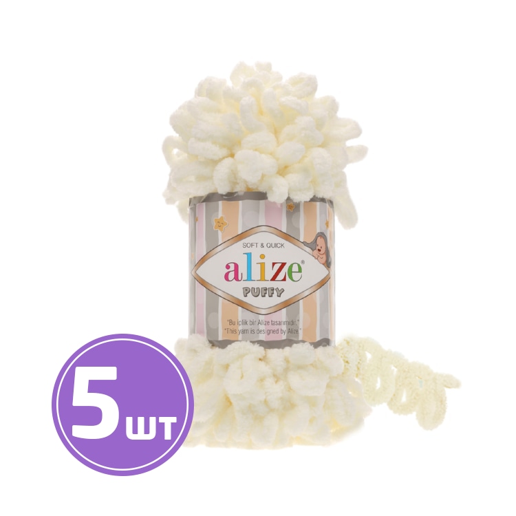 

Пряжа ALIZE Puffy (62), светло-молочный, 5 шт. по 100 г, Белый