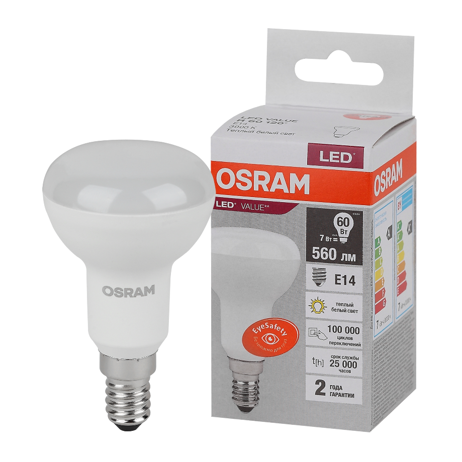 

Лампочка Е14 OSRAM LED Value R, светодиодная, 560лм, 7Вт, 3000К, теплый белый свет, 1 шт