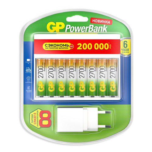 AA Аккумулятор + зарядное устройство GP PowerBank 270AAHC/CPBXL-2CR8, 8 шт. 2700мAч