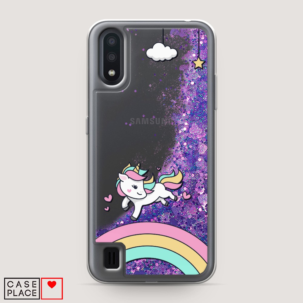 

Жидкий чехол с блестками "Единорог на радуге" на Samsung Galaxy A01, 29592-1