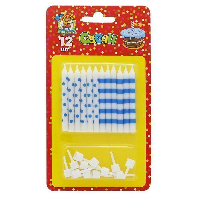 

Свеча с подставками.Точки и полосы, голубые,12шт. С-0458, Голубой