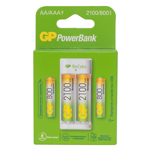

AA/AAA Аккумулятор + зарядное устройство GP PowerBank Е211, 4 шт. 2100мAч