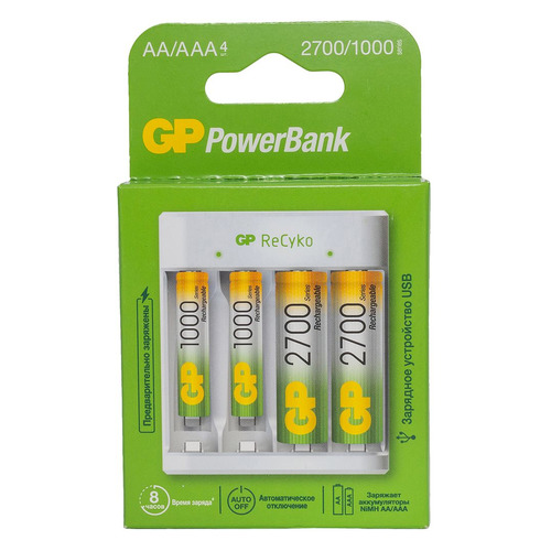 

AA/AAA Аккумулятор + зарядное устройство GP PowerBank Е411, 4 шт. 2700мAч