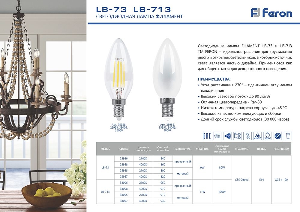 фото Лампа светодиодная feron lb-73 свеча e14 9w 2700k 25956