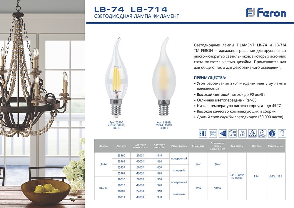 фото Лампа светодиодная feron lb-74 свеча на ветру e14 9w 2700k 25959