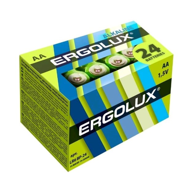 Батарейка щелочная Ergolux Alkaline LR6 BP-24 AA, 1,5V, 24 шт. батарейка алкалиновая ergolux lr03 aaa 1 5v упаковка 4 шт lr03bl 4 4шт