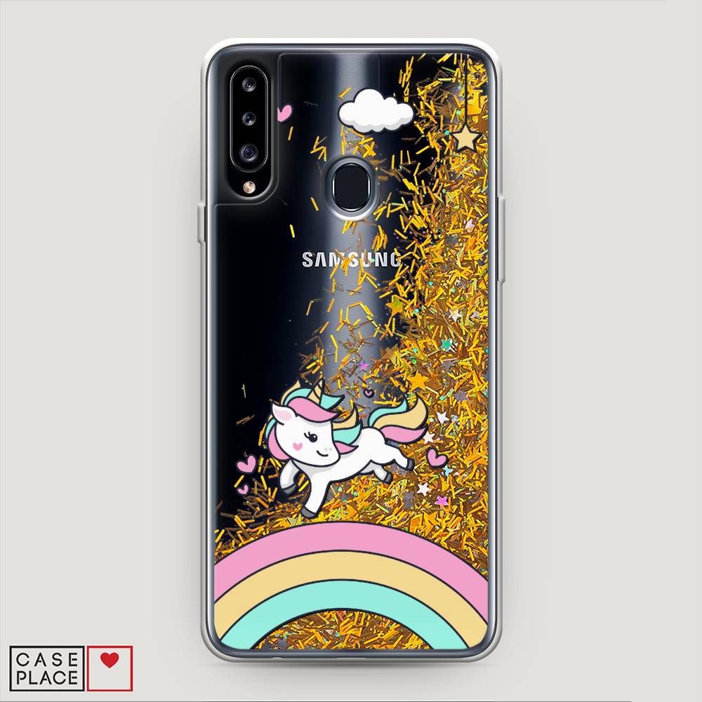 

Жидкий чехол с блестками "Единорог на радуге" на Samsung Galaxy A20s, 2100890-1