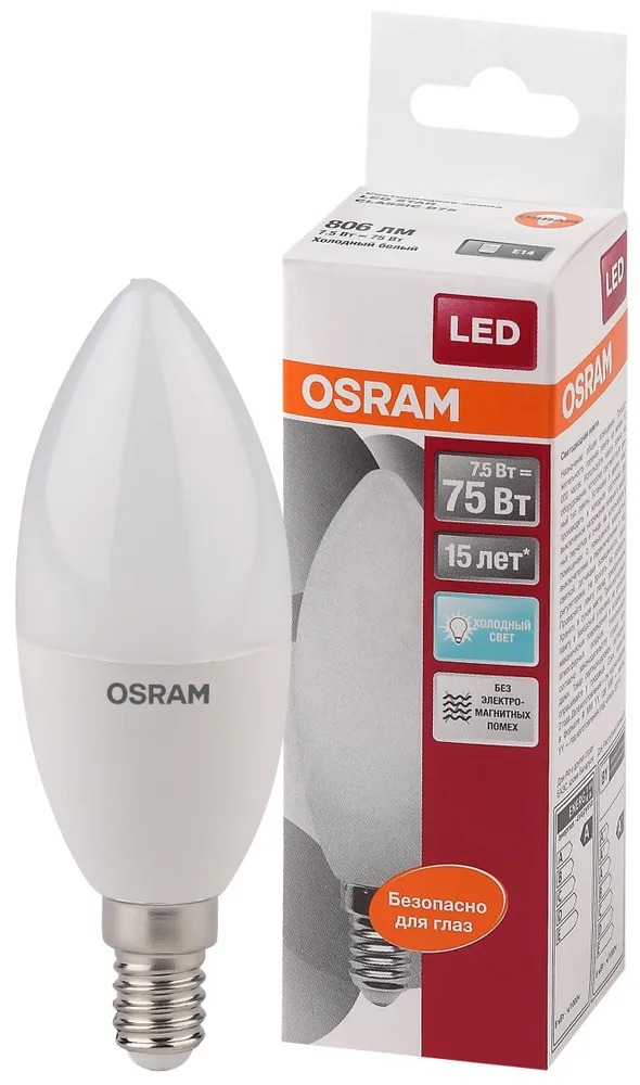 

Лампочка светодиодная Е14 OSRAM LED Star, 806лм, 9Вт, 4000К нейтральный свет, свеча