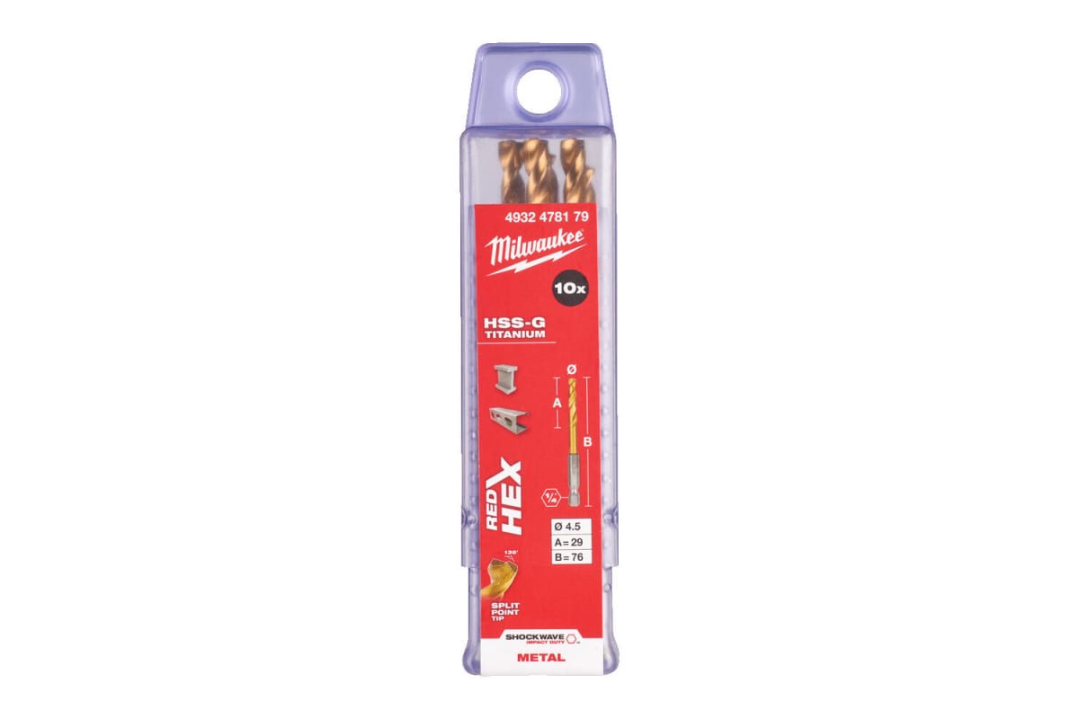 

Сверло по металлу Milwaukee RedHEX HSS-G TiN. 4.5мм (10шт) Milwaukee