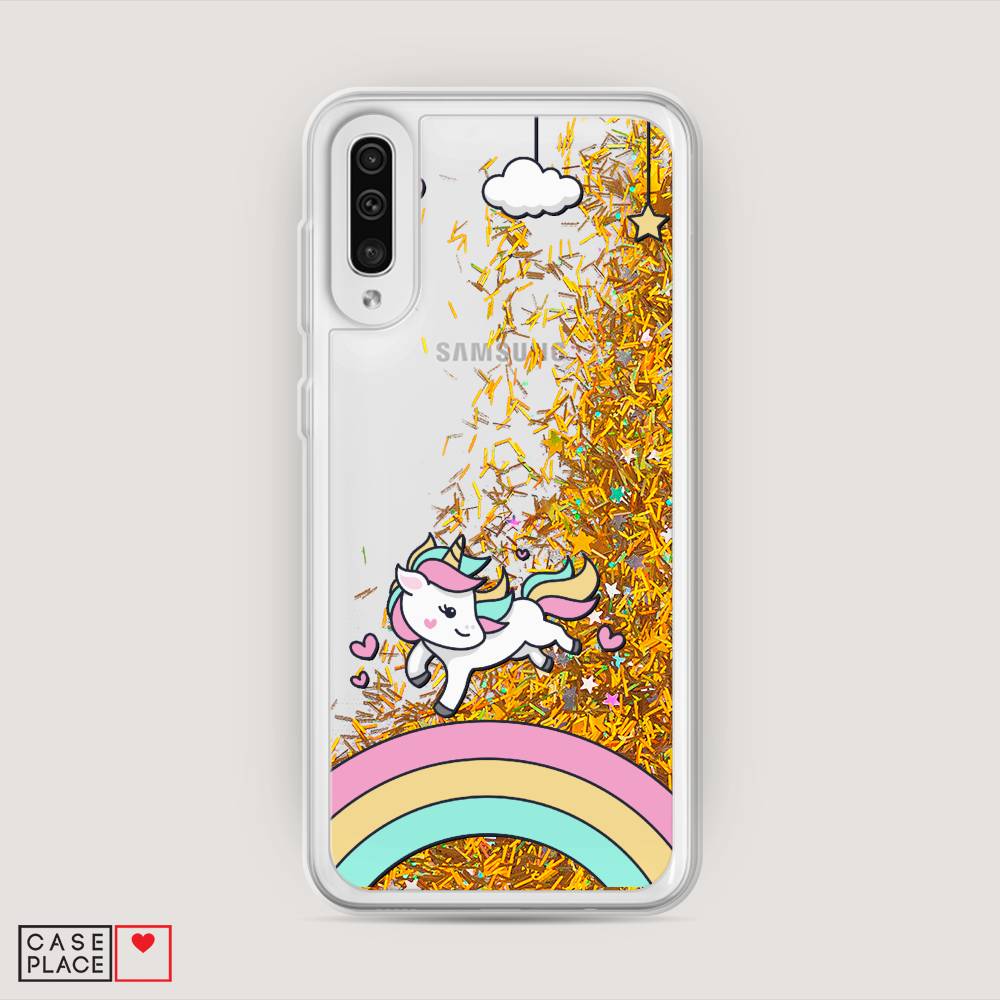 

Жидкий чехол с блестками "Единорог на радуге" на Samsung Galaxy A50, 27790-1
