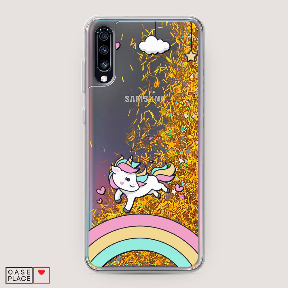 

Жидкий чехол с блестками "Единорог на радуге" на Samsung Galaxy A70, 28190-1