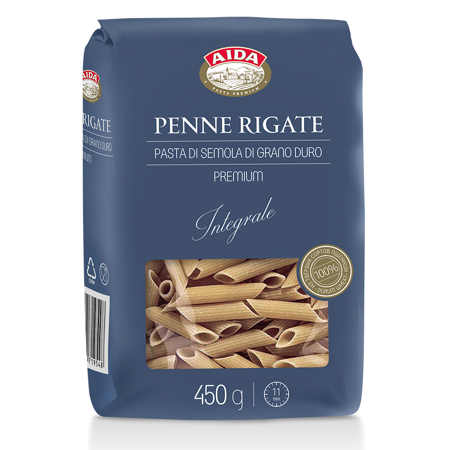 Макароны Aida "Penne Rigate", цельнозерновые перья, 450 гр