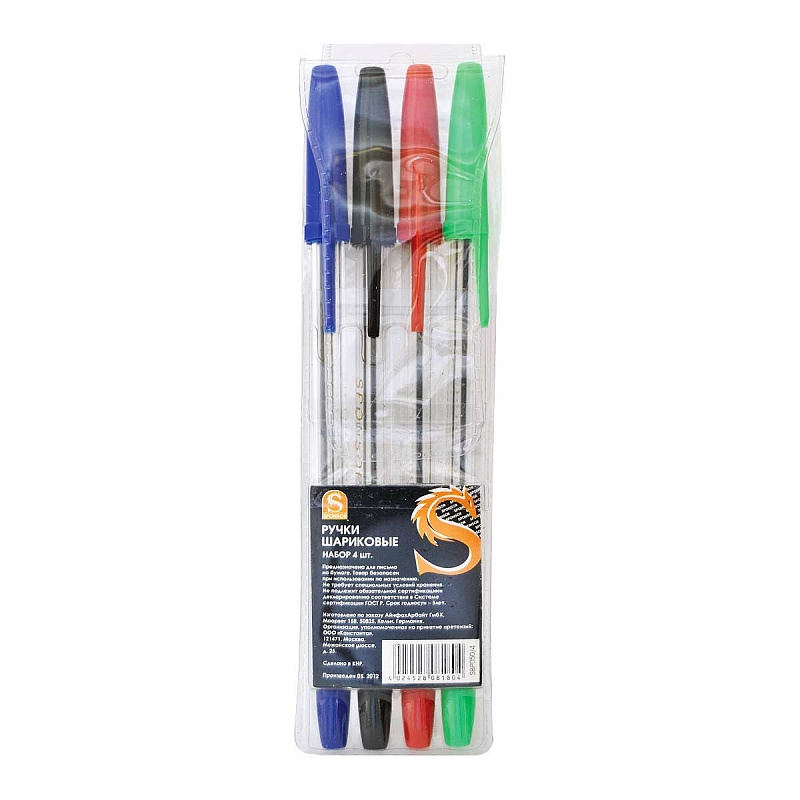 Набор ручек шариковых Sponsor SBP050/4, красные, синие, черные, 0,8 мм, 4 шт.