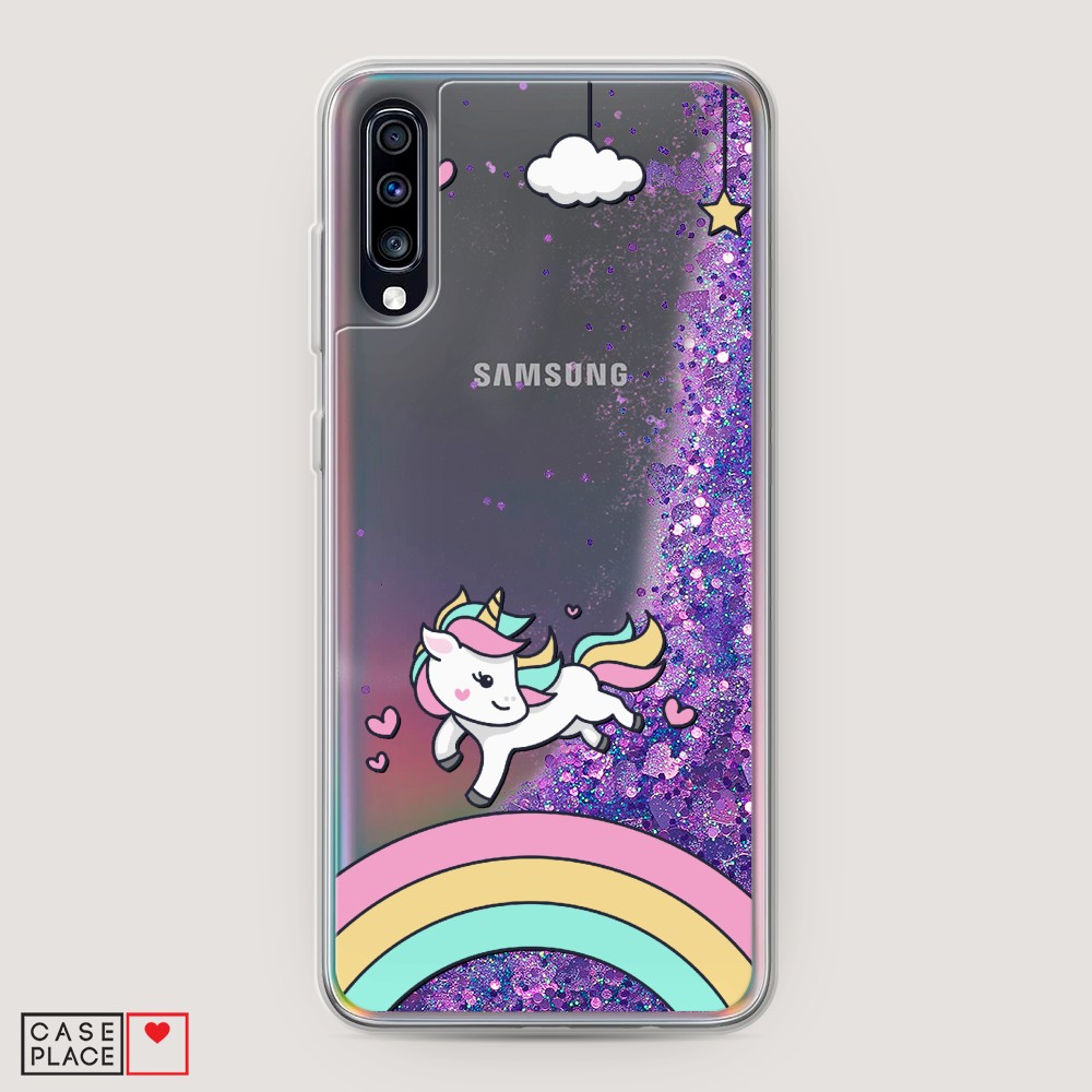 

Жидкий чехол с блестками "Единорог на радуге" на Samsung Galaxy A70, 28192-1