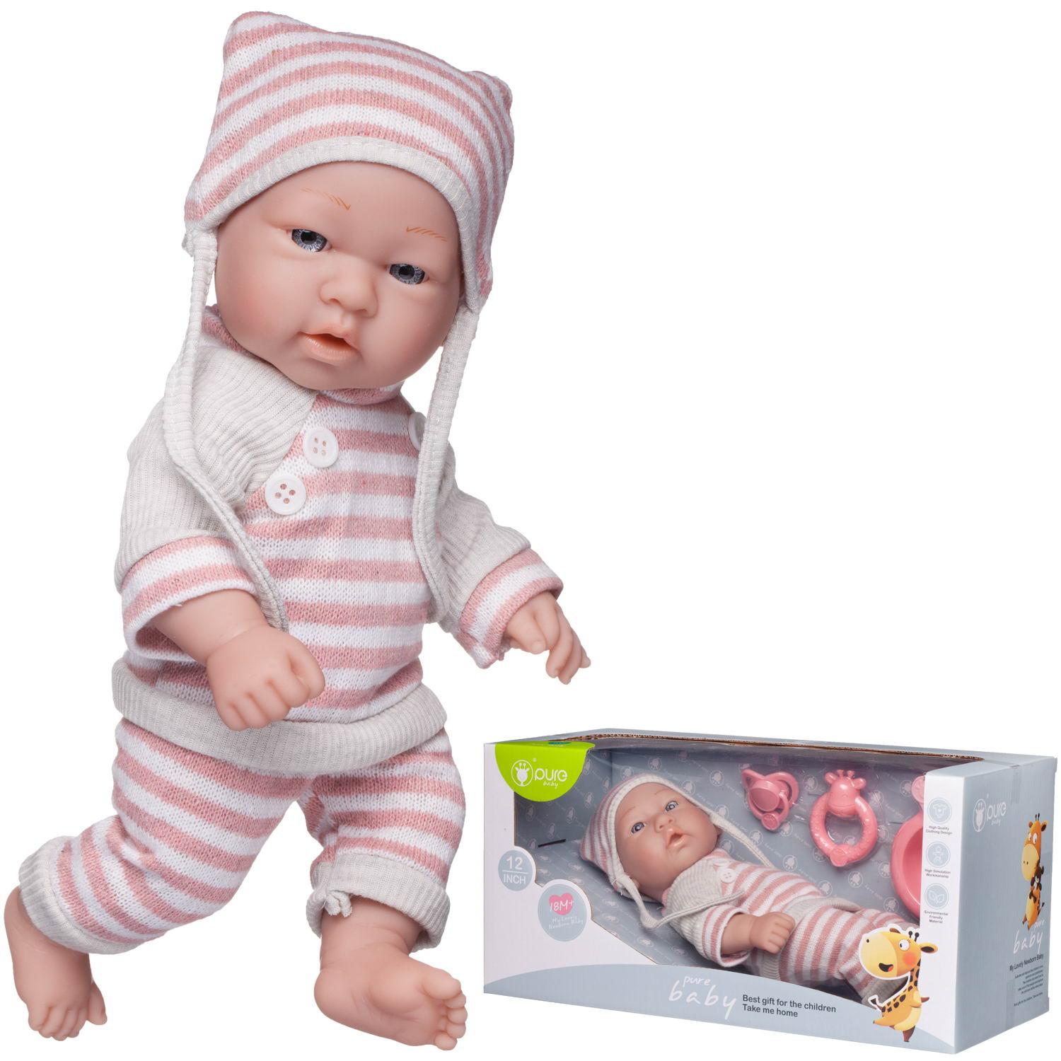фото Пупс junfa pure baby в вязаных бело-розовых полосатых кофточке, штанишках и шапочке junfa toys