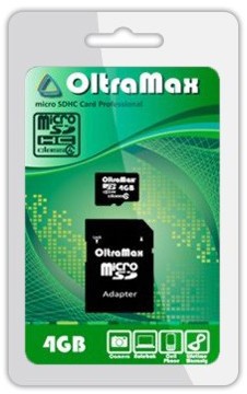 Карта памяти OltraMax MicroSDHC 4GB Class4 адаптер SD 410₽