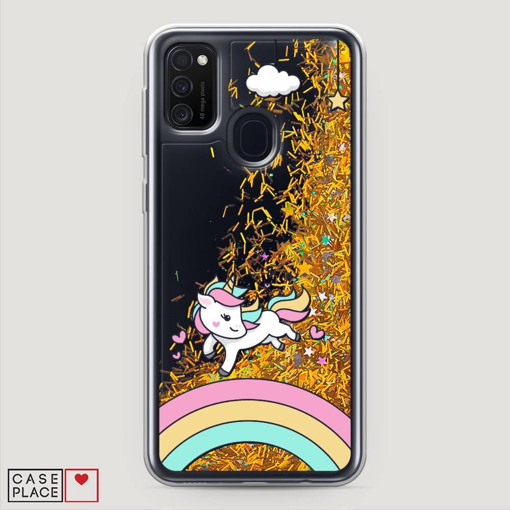 

Жидкий чехол с блестками "Единорог на радуге" на Samsung Galaxy M21, 29790-1