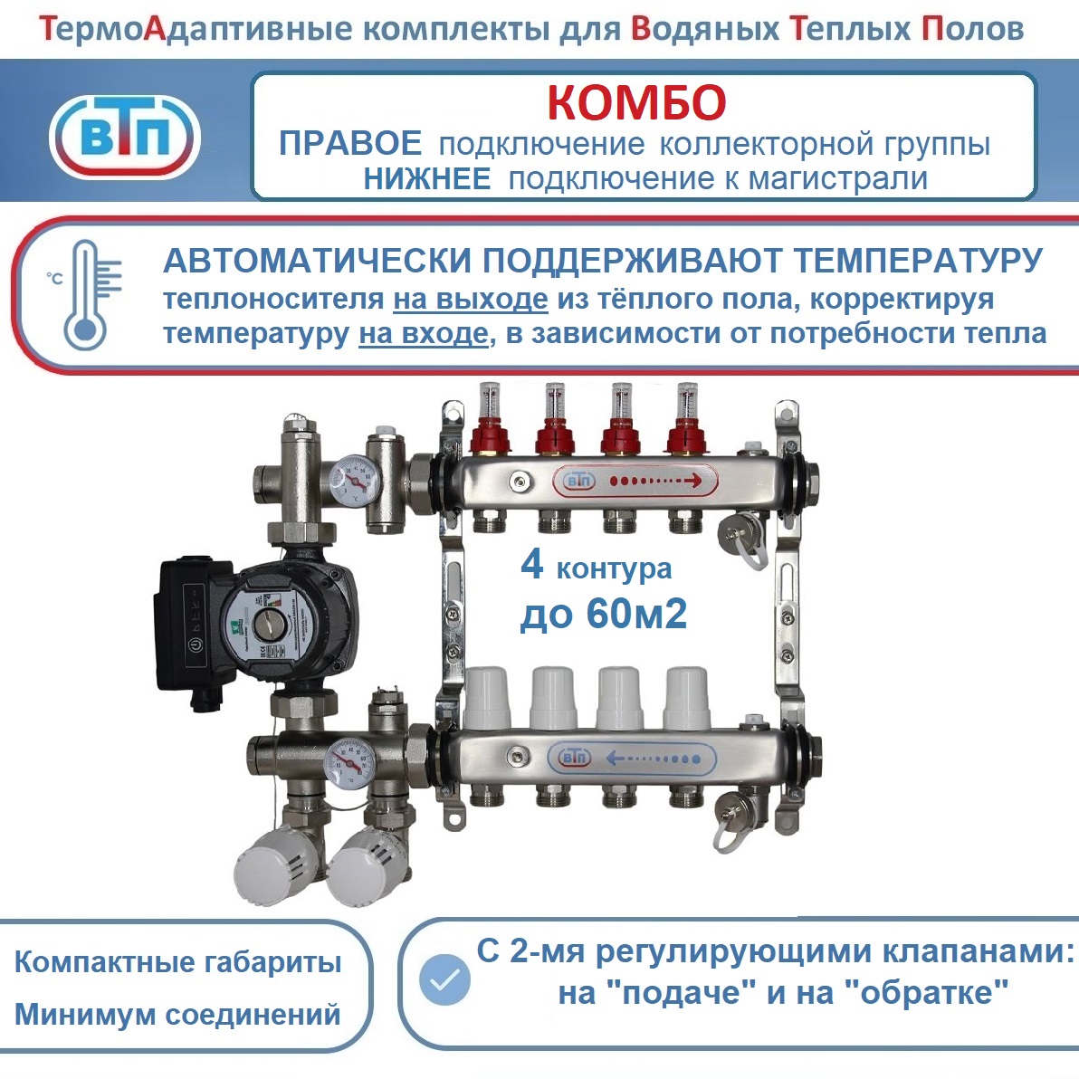 Термоадаптивный комплект теплого пола на 4 контура справа +частотный насос ВТП Комбо-П