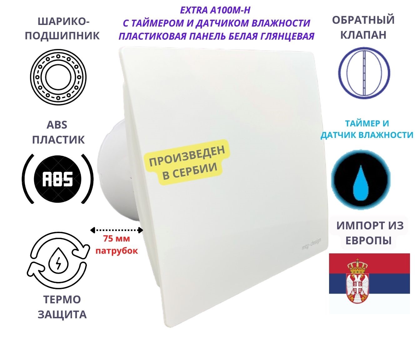 Вентилятор MTG 100M-H с таймером и датчиком влажности d100мм панель IP-100M-H+pvc-white белый