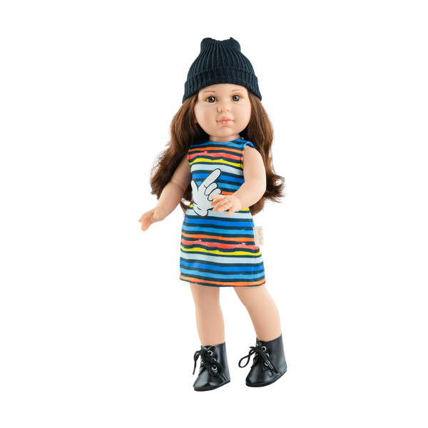 Кукла Paola Reina Soy Tu Мари Кармен в полосатом платье и черной шапке, 42 см кукла мари knopa в школе 85031
