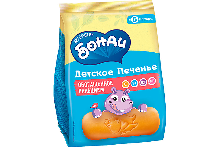 «Бегемотик Бонди», детское печенье обогащённое кальцием, 180 г, (3шт.)