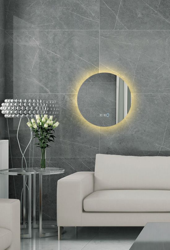 Зеркало для ванной Sun D50 круглое с часами парящее с тёплой LED-подсветкой зеркало круглое парящее муза d90 для ванной с тёплой led подсветкой