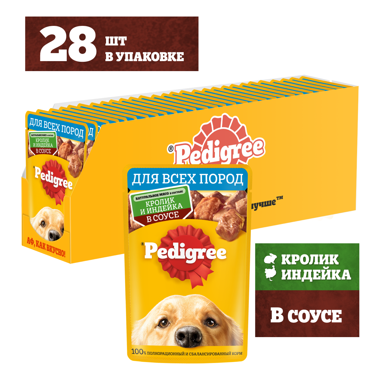 Влажный корм для собак Pedigree, индейка, кролик, в соусе, 28шт по 85г