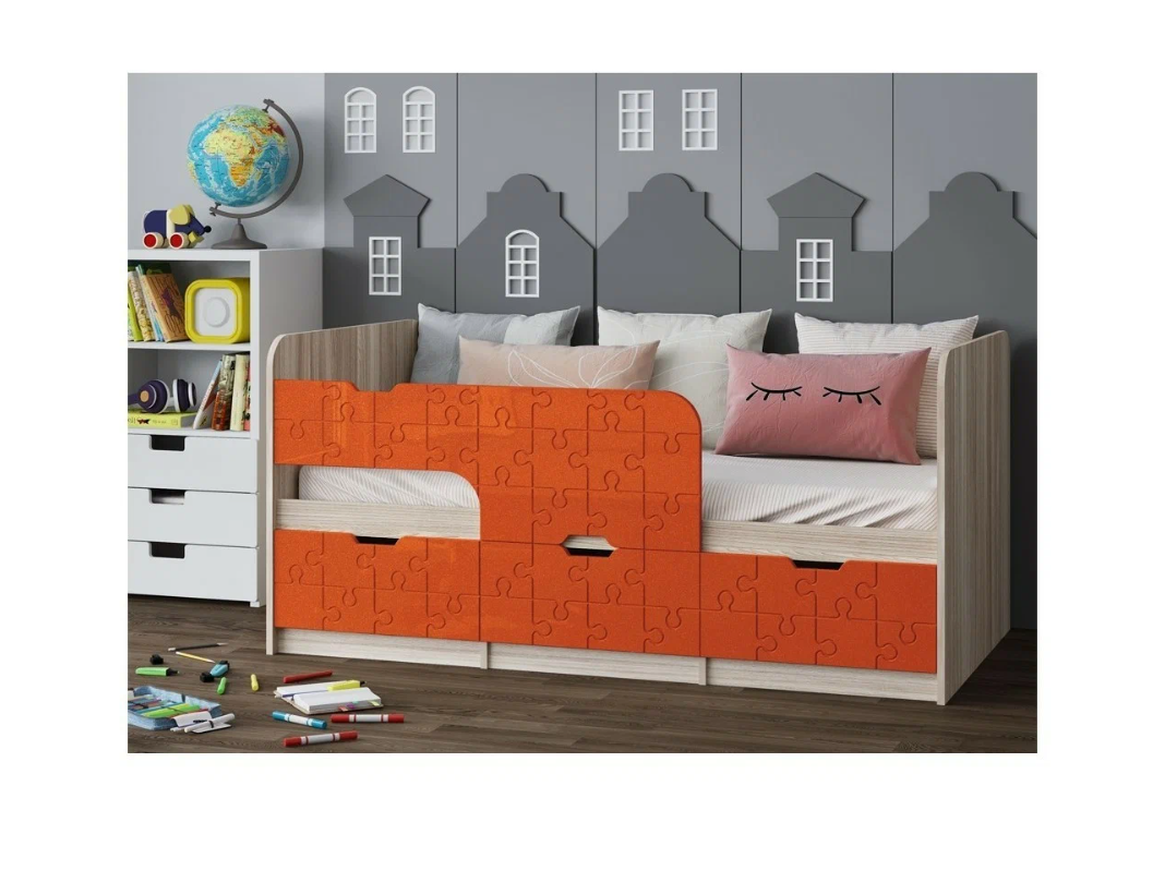 фото Детская кровать юниор-9, 80х180 (ясень шимо светлый, апельсин металлик) регион 58