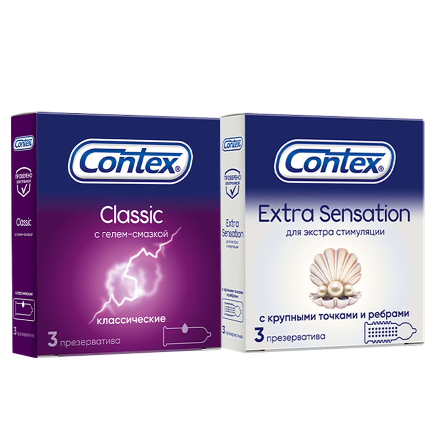 Купить Classic, Extra Sensation, Набор презервативов Contex Classic 3 шт. + Extra Sensation 3 шт., прозрачный, латекс