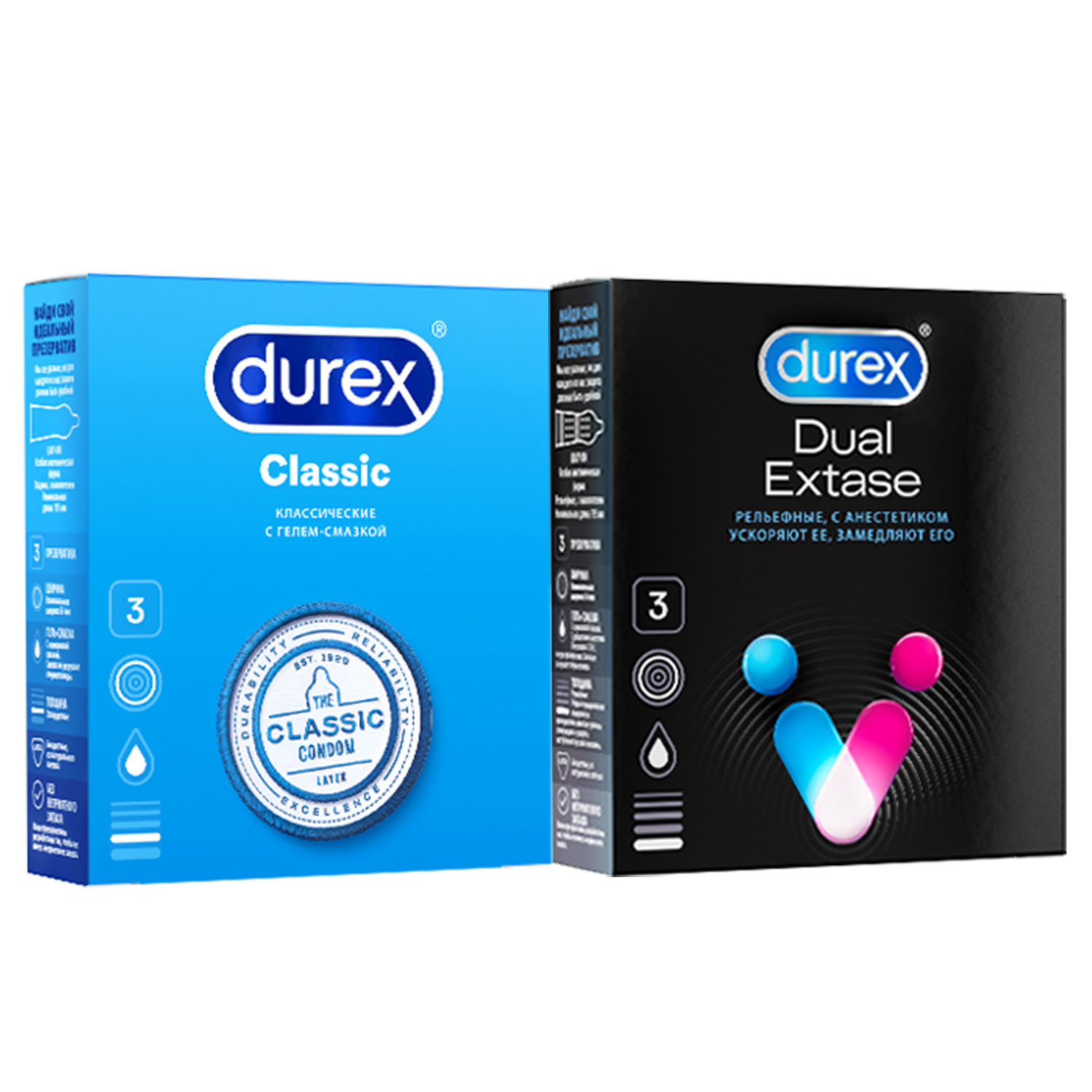 Купить Classic, Dual Extase, Набор презервативов Durex Classic 3 шт. + Dual Extase 3 шт., прозрачный, латекс