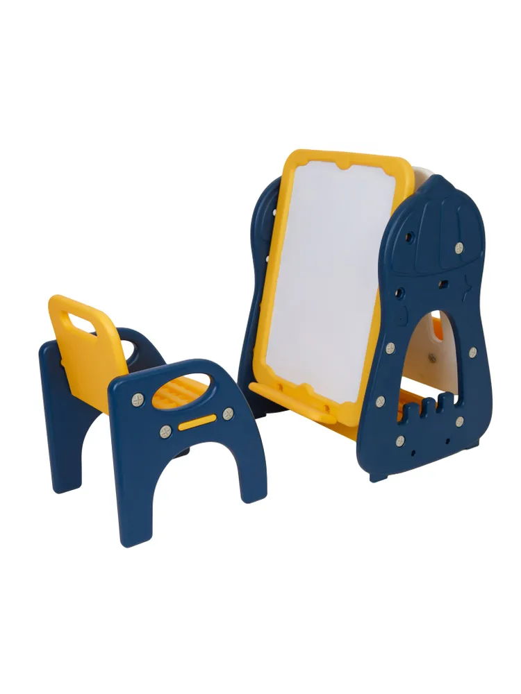 Мольберт детский Bombitto KIDS со стульчиком и шкафом желтый с синим