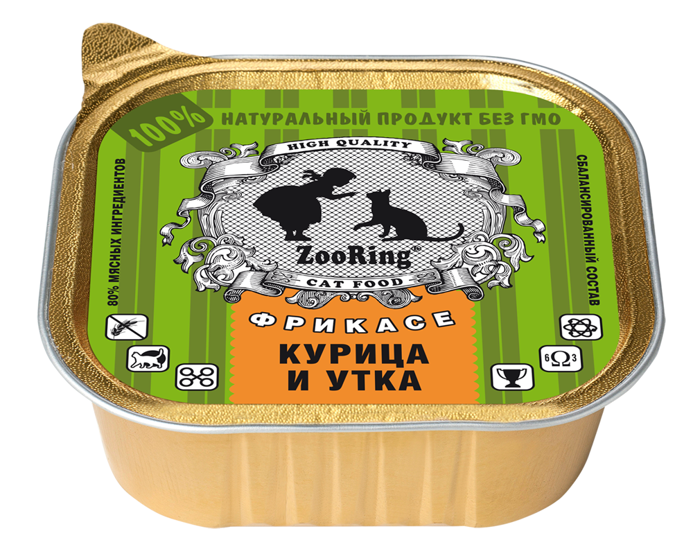 Консервы для кошек ZooRing Фрикасе курица и утка, паштет, 16шт по 100г