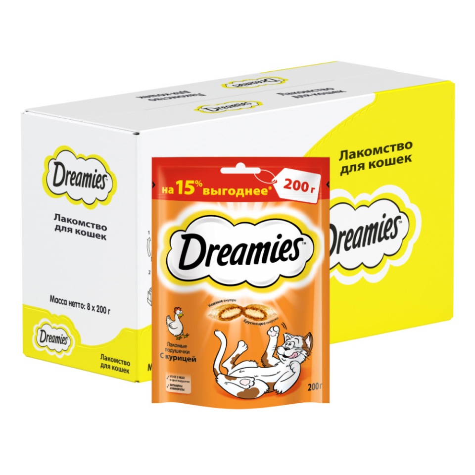 фото Лакомство для кошек dreamies подушечки, курица, 8шт, 200 г