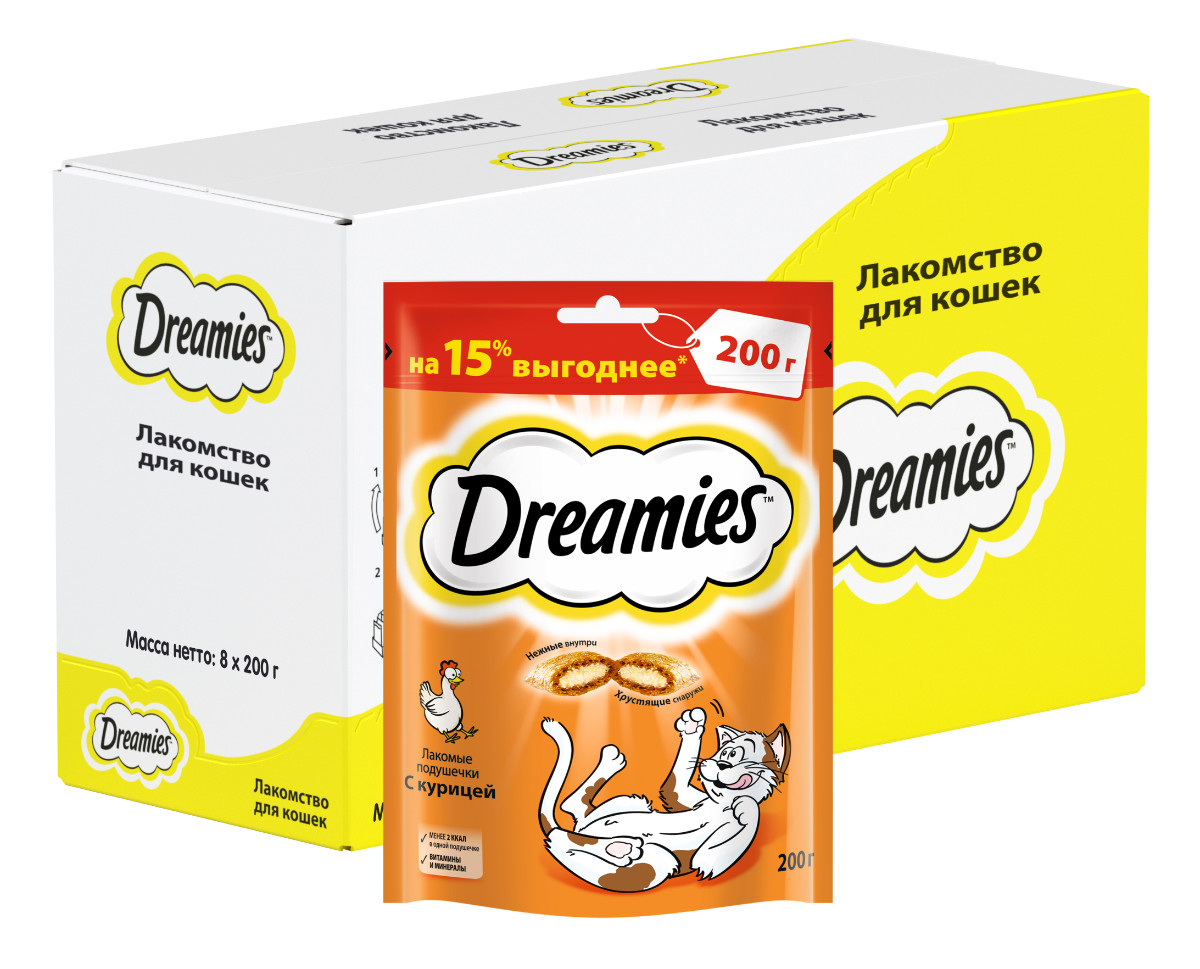 фото Лакомство для кошек dreamies подушечки, курица, 8шт, 200 г