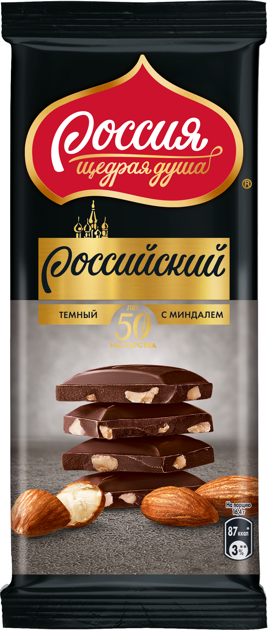 Темный шоколад Россия - щедрая душа Российский с миндалем, 5 шт по 82 г