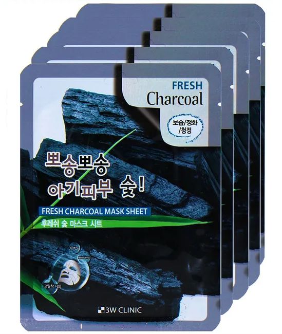 Тканевая маска для лица 3W Clinic Fresh Charcoal Mask Sheet с древесным углем, 5 шт