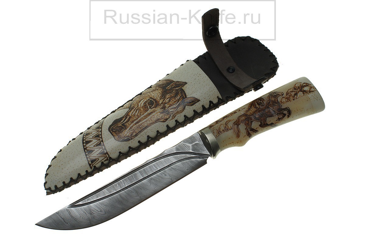 

Нож Осетр (дамасская сталь), рог лося