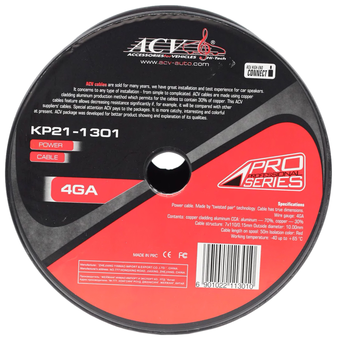 Кабель силовой автомобильный ACV KP21-1301 Силовой кабель красный 4AWG (50m) ACV KP21-1301