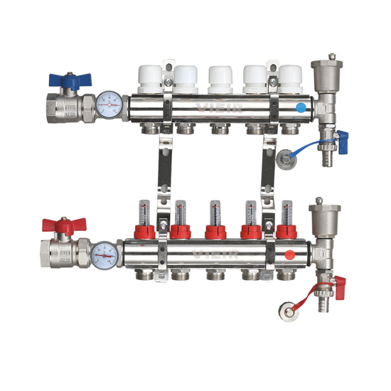 фото Усиленный коллектор теплого пола 9 контуров в сборе с расходомерами и кранами 1"x3/4" vieir