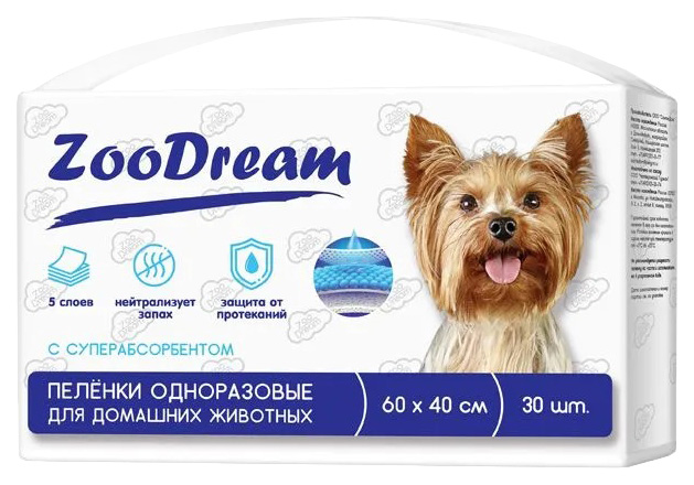 Пеленки для животных ZooDream с бумагой тиссью и суперабсорбентом 60х40 см, 30 шт