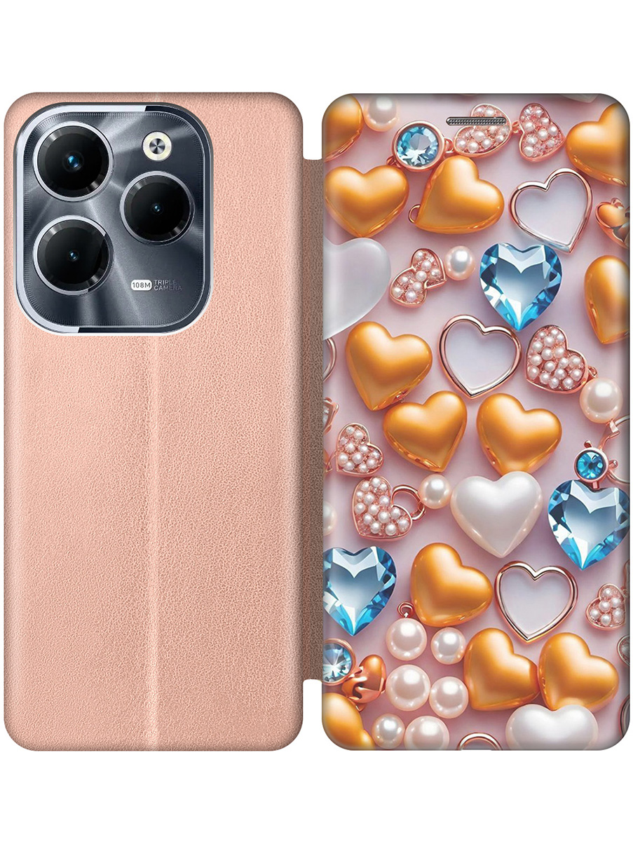 

Чехол-книжка на Infinix Hot 40 / Hot 40 Pro с принтом "Украшения и сердечки" золотой, Золотистый;белый;голубой, 778679291