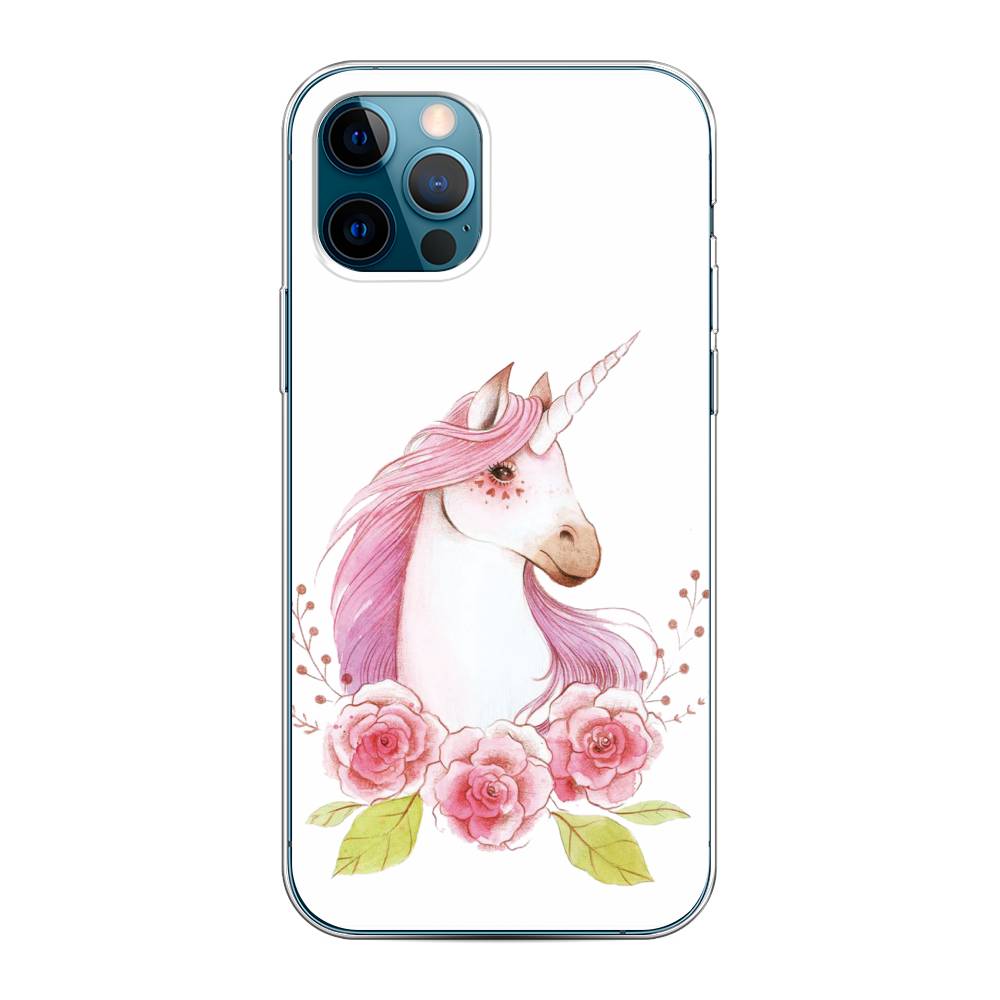 

Чехол на Apple iPhone 12 "Единорог цветы", Белый;розовый;серый, 12850-1
