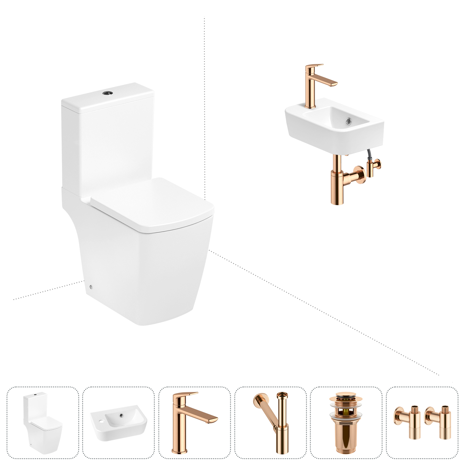 

Безободковый напольный унитаз Lavinia Boho Aveo Compacto Rimless 202008648 в наборе 6 в 1, Белый, Набор для туалета_Aveo_3306202R_левсторонняя раковина_ 6 в 1